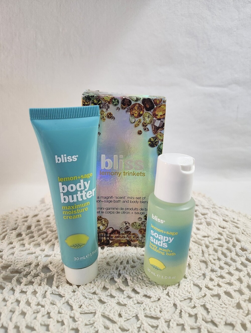 NEW Lot of 2 Bliss Lemon & Sage Body Butter & Soapy Suds Travel Lemony Trinkets